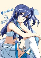 1girl blue_hair bow dress highres kanna_(plum) kazanari_tsubasa long_hair midriff purple_eyes senki_zesshou_symphogear sitting