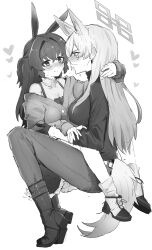2girls absurdres animal_ear_fluff animal_ears arm_around_neck blue_archive blush boots breasts commentary_request dog_ears dog_girl dog_tail extra_ears eye_contact female_sensei_(blue_archive) female_sensei_(blue_archive)_(senta_(ysk_0218)) greyscale hair_intakes hand_on_another&#039;s_arm heart highres kanna_(blue_archive) long_hair long_sleeves looking_at_another monochrome multiple_girls rabbit_ears sensei_(blue_archive) senta_(ysk_0218) simple_background sitting sitting_on_lap sitting_on_person straddling sweat tail white_background yuri