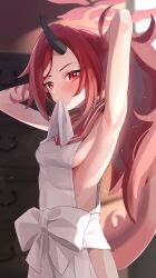 1girl absurdres armpits blue_archive blush breasts forehead highres horns ji_(kyvk8828) long_hair looking_at_viewer mouth_hold ponytail red_eyes red_hair red_sailor_collar renge_(blue_archive) ribbon ribbon_in_mouth sailor_collar sash shirt sideboob sidelocks single_horn skirt sleeveless sleeveless_shirt solo tying_hair white_sash white_shirt white_skirt