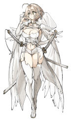 1girl breasts brown_hair character_request cleavage copyright_request full_body green_eyes highres katana large_breasts revealing_clothes sasami_(ki) short_hair shorts simple_background solo sword vest weapon white_background white_shorts white_vest