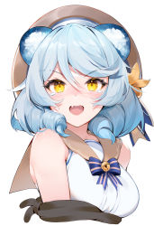1girl :d andychen animal_ears blue_bow blue_bowtie blue_hair blush bow bowtie brown_sailor_collar copyright_request cropped_torso fang hair_between_eyes hat highres medium_hair open_mouth sailor_collar shirt simple_background skin_fang sleeveless sleeveless_shirt smile solo tearing_up upper_body virtual_youtuber white_background white_shirt yellow_eyes