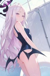 1girl absurdres ahoge ass bare_shoulders blue_archive blue_one-piece_swimsuit blush breasts forehead hair_ornament hairclip halo highres hina_(blue_archive) hina_(swimsuit)_(blue_archive) horns long_hair looking_at_viewer looking_back low_wings multiple_horns old_school_swimsuit one-piece_swimsuit one_side_up parted_bangs purple_eyes school_swimsuit shower_(place) showering small_breasts solo swimsuit szkure. thighs wet white_hair wings