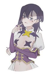 1girl bat_wings breasts bridal_gauntlets commentary_request corset cosplay cross cross_facial_mark facial_mark groin highres kiriko_edo looking_at_viewer magia_baiser magia_baiser_(cosplay) magical_girl mahou_shoujo_ni_akogarete miyauchi_hikage navel non_non_biyori pasties puffy_short_sleeves puffy_sleeves purple_corset purple_hair revealing_clothes riding_crop short_sleeves shrug_(clothing) simple_background solo star_(symbol) star_pasties tongue tongue_out white_background wings