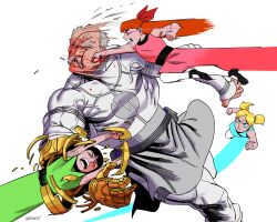 1boy 3girls absurdres black_hair black_shoes blonde_hair blood blossom_(ppg) blue_dress blue_eyes bow bubbles_(ppg) buttercup_(ppg) conquest_(invincible) decomposedtaco dress facial_hair flying green_dress hair_bow highres invincible_(series) multiple_girls mustache open_mouth orange_hair pants pink_eyes powerpuff_girls prosthesis prosthetic_arm punching red_dress shirt shoes white_pants white_shirt