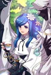 angel_wings black_dress blue_hair character_name cup dizzy_(guilty_gear) dress flower guilty_gear guilty_gear_strive hair_flower hair_ornament highres holding holding_cup holding_teapot kanea_(nikoinoillust) necro_(guilty_gear) open_mouth outdoors plate queen_dizzy red_eyes sidelocks signature sitting swept_bangs tea teacup teapot tree undine_(guilty_gear) wings
