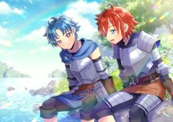 2boys :d alain_(unicorn_overlord) armor belt belt_buckle black_pants blue_eyes blue_hair blue_sky breastplate brown_belt brown_gloves buckle cloud commentary_request commission day feet_out_of_frame gloves hair_between_eyes kou_hiyoyo lex_(unicorn_overlord) male_focus multiple_boys open_mouth outdoors pants parted_bangs pauldrons purple_eyes rainbow red_hair river shoulder_armor sitting skeb_commission sky smile tree unicorn_overlord water