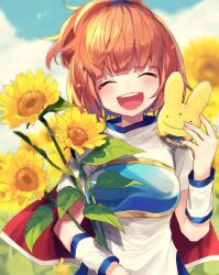 1girl ^_^ arle_nadja armor blue_sky blunt_bangs blurry blurry_background brown_hair cape carbuncle_(puyopuyo) chest_guard closed_eyes closed_mouth cloud commentary creature creature_on_shoulder flower hand_up happy high_ponytail highres holding holding_flower kuroda_(kuro_yyy) on_shoulder open_mouth outdoors ponytail puyopuyo red_cape shirt short_sleeves single_shoulder_pad sky smile standing sunflower teeth upper_body upper_teeth_only white_shirt wristband yellow_flower
