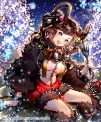 Rule 34 | 1girl, arm support, bell, blue eyes, boots, bracelet, braid, breasts, brown hair, chain, coat, ekm, eyelashes, fur boots, fur coat, jewelry, kamigami battles, krampus (kamigami battles), large breasts, looking at viewer, navel, neck bell, official art, snowflakes, solo, spiked bracelet, spikes, tongue, tongue out