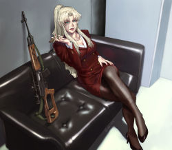 1girl azasuke balalaika_(black_lagoon) black_lagoon blonde_hair breasts burn_scar cleavage couch crossed_legs dragunov_svd green_eyes gun highres large_breasts lipstick long_hair makeup mole mole_under_eye nail_polish pantyhose parted_lips ponytail red_lips red_nails red_skirt revision rifle scar sidelocks sitting skirt smile sniper_rifle solo twitter_username weapon