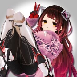 1girl artist_request ass gloves highres hololive long_hair looking_at_viewer lying mechanical_legs on_back peace_symbol roboco-san roboco-san_(hoodie) robot robot_girl solo thighs virtual_youtuber