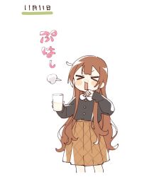 Rule 34 | &gt; &lt;, 1girl, black shirt, blunt bangs, blush stickers, brown hair, brown skirt, closed eyes, collared shirt, contrast collar, cropped legs, cup, hashtag-only commentary, highres, holding, holding cup, long hair, long sleeves, namori, oomuro hanako, open mouth, plaid clothes, plaid skirt, pleated skirt, shirt, simple background, skirt, solo, v-shaped eyebrows, white background, yuru yuri