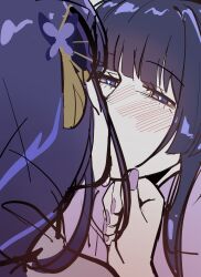 1boy 1girl absurdres blunt_bangs blush close-up from_behind from_side genshin_impact hair_ornament hand_on_another&#039;s_chin hand_up head_tilt hetero highres imminent_kiss incest japanese_clothes kiss long_hair lulu_(user_mmrd2745) mother_and_son multicolored_hair purple_eyes purple_hair purple_nails raiden_shogun scaramouche_(genshin_impact) scaramouche_(kabukimono)_(genshin_impact) streaked_hair trap upper_body