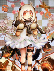 10s 1girl abyssal_ship adapted_costume ahoge aircraft airplane alternate_costume artist_request dress eel highres holding horns kantai_collection loli_wa_shinri long_hair looking_at_viewer mittens northern_ocean_princess orange_eyes pale_skin silver_hair