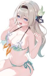 Rule 34 | 1girl, alternate costume, bikini, black hairband, blush, breasts, cleavage, commentary request, cowboy shot, firefly (honkai: star rail), green bikini, grey hair, hair between eyes, hairband, hands up, highres, honkai: star rail, honkai (series), k yomichi, large breasts, long hair, looking at viewer, multicolored eyes, open mouth, side-tie bikini bottom, simple background, solo, swimsuit, thighs, two-tone eyes, white background