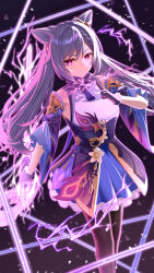 Rule 34 | 1girl, black pantyhose, breasts, closed mouth, commentary request, cone hair bun, de-zeru, detached sleeves, double bun, dress, genshin impact, gloves, hair between eyes, hair bun, hand up, highres, keqing (genshin impact), long hair, looking at viewer, medium breasts, pantyhose, purple dress, purple eyes, purple gloves, purple hair, purple sleeves, sleeveless, sleeveless dress, smile, solo, twintails, very long hair