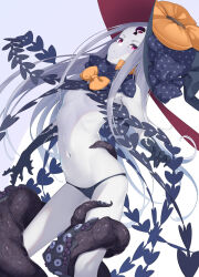 1girl abigail_williams_(fate) abigail_williams_(third_ascension)_(fate) absurdres bare_shoulders black_bow black_hat black_panties bow breasts colored_skin corruption dark_persona fate/grand_order fate_(series) forehead hair_bow hat highres keyhole long_hair looking_at_viewer navel orange_bow panties parted_bangs possessed possession red_eyes small_breasts solo tentacles thighs third_eye underwear white_hair white_skin witch_hat yamachi_(xadp7533) yog-sothoth