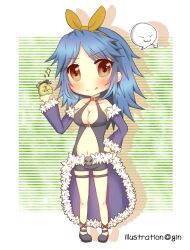 1girl :q black_shoes black_shorts black_tank_top blue_hair blush bow breasts brown_bow brown_eyes cape chibi chibi_only cleavage closed_mouth clothing_cutout commentary_request detached_sleeves full_body fur-trimmed_cape fur-trimmed_sleeves fur_trim ginn0613v green_background hair_bow holding holding_sack large_breasts looking_at_viewer money_bag navel purple_cape purple_sleeves ragnarok_online sack shoes short_shorts shorts smile solo stalker_(ragnarok_online) stomach_cutout tank_top tongue tongue_out waist_cape