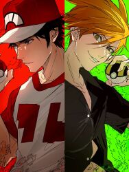 Rule 34 | 2boys, arm up, baseball cap, black hair, black shirt, blue oak, brown eyes, brown hair, collarbone, collared shirt, crew neck, hair between eyes, hat, highres, holding, holding poke ball, looking ahead, male focus, multiple boys, nintendo, open collar, parted lips, poke ball, poke ball (basic), pokemon, pokemon sm, print shirt, red (pokemon), shirt, short hair, short sleeves, sideburns, sinm i, smile, t-shirt, teeth, ultra ball, uneven eyes