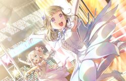 2girls :d armpits arms_up aurora_flower_(love_live!) bare_shoulders blonde_hair blue_eyes blue_hair blue_ribbon blue_thighhighs blunt_bangs braid brown_hair butterfly_hair_ornament butterfly_wings cross-laced_clothes cross-laced_top dancing dutch_angle earrings fake_wings flower_earrings game_cg gradient_hair hair_ornament highres holding holding_microphone indoors insect_wings jewelry kachimachi_kosuzu lace lace_thighhighs lens_flare link!_like!_love_live! long_hair love_live! medium_skirt microphone multicolored_hair multiple_girls neck_ribbon official_art open_hand open_mouth osawa_rurino outstretched_arms over-kneehighs parted_bangs ribbon shirt side_braids skirt sleeveless sleeveless_shirt smile stage straight_hair teeth thighhighs third-party_source twintails upper_teeth_only virtual_youtuber white_shirt wings