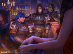 1girl 3boys armor bandana bar_(place) black_gloves black_hair blue_bandana candelabra candlestand commentary cup drinking_glass earrings english_commentary final_fantasy final_fantasy_viii gloves head_out_of_frame highres instrument jewelry kiros_seagill laguna_loire looking_at_another magic:_the_gathering military_uniform multiple_boys music official_art piano playing_instrument scar scar_on_face scar_on_mouth smile solan ward_zabac