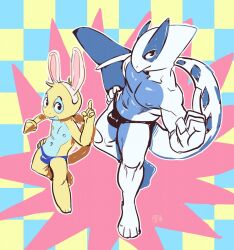 2boys age_difference animal_ears apis blonde_hair bulge dunsparce fake_animal_ears furry gen_2_pokemon highres legendary_pokemon lugia male_focus monster_boy multiple_boys muscular muscular_male nintendo nipples pectorals pokemon pokemon_(creature) rabbit_ears shota size_difference tail thong topless_male