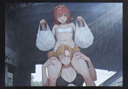 Rule 34 | 2ch.ru, 2girls, :d, absurdres, bag, bikini, black bikini, black border, blue eyes, border, breasts, breasts apart, carrying, carrying person, closed eyes, collarbone, commentary, dvach-tan, english commentary, everlasting summer, facing viewer, hair between eyes, hands up, highres, holding, holding bag, leonzo, looking at viewer, low twintails, multiple girls, navel, open mouth, orange hair, outdoors, plastic bag, rain, red hair, short hair, shoulder carry, small breasts, smile, stomach, strapless, strapless bikini, swimsuit, twintails, ussr-tan, white bikini