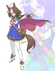 1girl absurdres adapted_costume ahoge alternate_universe animal_ears between_breasts blue_skirt boots breasts brown_bag brown_hair cape epaulettes full_body hair_between_eyes high_heel_boots high_heels highres horse_ears horse_girl horse_tail kopperion large_breasts long_sleeves looking_at_viewer meisho_doto_(umamusume) multicolored_hair pantyhose pink_cape purple_eyes shirt shoes short_hair signature single_epaulette skirt solo strap_between_breasts tachi-e tail two-tone_hair umamusume white_hair white_pantyhose white_shirt white_shoes