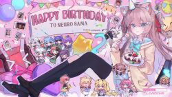+_+ 1boy 6+girls akuma_nihmune animal animal_balloon animal_ear_fluff animal_ears annytf aqua_bow aqua_bowtie artist_name badge bag balloon bao_(vtuber) bell birthday_cake black_hair black_ribbon black_socks black_thighhighs blonde_hair blue_eyes blue_hair blue_sailor_collar blue_skirt blush bow bowl bowtie box brown_footwear brown_hair bunting button_badge cake cake_slice camila_(vtuber) candle cardigan cat_ears cerber_(vtuber) closed_mouth confetti cooking_pot dated demon_horns demon_tail dog dog_ears dress dripping_eye duffel_bag eating ellie_minibot english_text everyone evil_neuro-sama filian_(vtuber) food fork frog_hat from_side fruit full_body gift gift_box green_dress green_eyes green_hair hair_between_eyes hair_ornament hair_ribbon hairband handbag happy_birthday hat heart heart-shaped_box heart_hair_ornament highres holding holding_bowl holding_cooking_pot holding_fork holding_gift holding_plate holding_polearm holding_weapon horns indie_virtual_youtuber jingle_bell kneehighs koko_d._nuts lava_lamp layna_lazar loafers long_hair long_sleeves looking_at_viewer minawan minikomew multicolored_hair multiple_girls neckerchief neuro-sama non-humanoid_robot onigiri_(vtuber) party party_hat pennant photo_(object) pink_eyes pink_hair pink_hairband pinkpink939 plate polearm progress_bar purple_eyes purple_hair red_bag red_eyes red_hair red_neckerchief red_ribbon ribbon robot robot_animal robot_dog sailor_collar school_uniform shirt shoes short_hair short_sleeves single_kneehigh single_sock single_thighhigh sitting skirt slice_of_toma snuffy_(vtuber) socks split-color_hair standing strawberry streaked_hair streamers string_of_flags stuffed_animal stuffed_toy swept_bangs tail thighhighs trident turtle twitter_username two_side_up vedal987 virtual_youtuber weapon white_dress white_hair white_shirt yellow_cardigan yellow_eyes