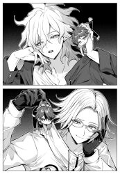 Rule 34 | 4boys, ahoge, aotsuki eito, clenched teeth, closed mouth, collarbone, commentary request, crossover, danganronpa (series), danganronpa 2: goodbye despair, drawstring, expressionless, eye contact, facing viewer, film grain, fluffy hair, forehead, frown, furrowed brow, glasses, gloves, greyscale, hand on own face, hands up, head rest, highres, hinata hajime, holding, holding mini person, jacket, komaeda nagito, lifting person, long sleeves, looking at another, looking to the side, male focus, mini person, miniboy, monochrome, multiple boys, necktie, open clothes, open jacket, open mouth, outline, pants, picking up, raised eyebrows, scruffed, scruffing, shirt, shoes, short hair, short sleeves, smirk, sumino takumi, sweatdrop, teeth, the hundred line -last defense academy-, very short hair, white outline, yumeyume 2z