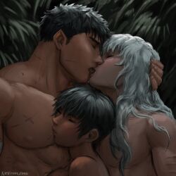 Rule 34 | 2boys, abs, aki (akistrike), berserk, bisexual male, black hair, breasts, casca (berserk), closed eyes, collarbone, commentary, dark-skinned female, dark skin, english commentary, fingernails, french kiss, griffith (berserk), group sex, guts (berserk), hand on another&#039;s head, kiss, long hair, male focus, mmf threesome, multiple boys, multiple scars, nipples, nude, pectorals, saliva, scar, scar on arm, scar on chest, scar on face, short hair, short sideburns, sideboob, threesome, tongue, twitter username, wavy hair, white hair