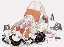 1girl ace_attorney apron black_hair brown_shoes cup dress food food_on_clothes food_on_face fruit hair_bobbles hair_ornament highres ice_cream ice_cream_cone ice_cream_cone_spill long_hair lying maid maid_apron maid_headdress maya_fey omen_hohoho on_back orange_dress purple_eyes shoes solo spill strawberry strawberry_slice tearing_up tray tres_bien_maid_uniform