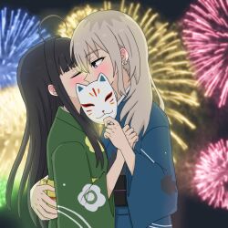 Rule 34 | 2girls, aerial fireworks, awa subaru, black hair, blue kimono, blush, closed eyes, fireworks, fox mask, girls band cry, green kimono, grey eyes, grey hair, hand on another&#039;s waist, highres, holding, holding mask, japanese clothes, kawaragi momoka, kimono, kiss, long hair, mask, multicolored hair, multiple girls, night, obi, outdoors, roots (hair), sash, xiaoyu (xiaoyu0308), yuri