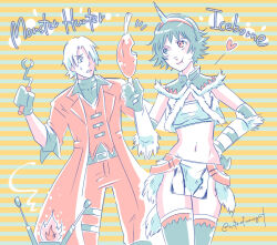 Rule 34 | 1boy, 1girl, allie (united f), artist name, black gloves, blue eyes, boned meat, coat, copyright name, dante (devil may cry), devil may cry (series), eating, fire, food, food in mouth, fur trim, gloves, green eyes, hand on own hip, heterochromia, horn hairband, kirin (armor), lady (devil may cry), meat, midriff, monster hunter: world, monster hunter (series), monster hunter world: iceborne, pants, red coat, red eyes, red pants, striped background, sweatdrop