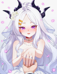 1boy 1girl absurdres ahoge alternate_costume blue_archive breasts commentary_request demon_girl demon_horns dress happy_tears highres hina_(blue_archive) horns jewelry karaage_(xxxmido02) long_hair looking_at_viewer purple_eyes ring sensei_(blue_archive) small_breasts tears wedding_dress wedding_ring white_hair