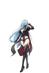 Rule 34 | 1girl, arm up, black boots, black shirt, black shorts, black thighhighs, blue eyes, blue hair, boots, breasts, cape, cleavage, closers, crop top, crossed legs, full body, gloves, hand up, high heel boots, high heels, highres, large breasts, long hair, long sleeves, looking at viewer, mask, micro shorts, midriff, mouth mask, official art, pelvic curtain, plunging neckline, shirt, shorts, simple background, solo, standing, thigh boots, thighhighs, thighs, two-tone gloves, very long hair, violet (closers), watson cross, white background