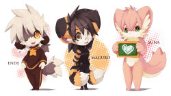 1girl 2000s_(style) 2boys androgynous animal_ears artist_self-insert black_hair cat_ears cat_girl cat_tail chibi chibi_only commentary dog_boy dog_ears dog_tail ende_(maguro-chan) english_commentary furry furry_female furry_male looking_at_viewer maguro-chan maguro-chan_(character) multiple_boys multiple_tails one_eye_closed original pink_hair short_hair suna_(maguro-chan) tail two_tails white_hair