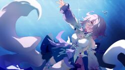1girl blue_collar blue_dress blue_eyes blue_hair bow breasts chinese_commentary clothing_cutout collar colored_tips commentary_request cowboy_shot detached_collar detached_sleeves dress erjunmisida gradient_sleeves highres honkai:_star_rail honkai_(series) long_sleeves march_7th_(honkai:_star_rail) march_7th_(nascent_spring)_(honkai:_star_rail) medium_breasts medium_hair multicolored_dress multicolored_eyes multicolored_hair nail_polish official_alternate_costume pink_bow pink_eyes pink_hair pink_pupils purple_sleeves short_dress solo thighhighs tiara two-tone_collar two-tone_eyes white_collar white_dress white_sleeves white_thighhighs