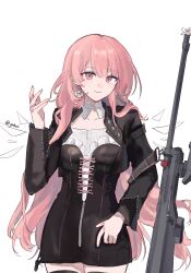 1girl absurdres anti-materiel_rifle arknights black_dress black_jacket black_thighhighs breasts closed_mouth collarbone cowboy_shot dress earrings energy_wings flower_earrings gagav52123 gun hand_up highres jacket jewelry lemuen_(arknights) long_hair long_sleeves looking_at_viewer medium_breasts pink_eyes pink_hair rifle simple_background single_earring smile sniper_rifle solo standing thighhighs very_long_hair weapon white_background wings
