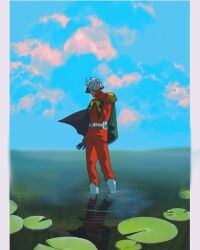 Rule 34 | 1boy, belt, black cape, blonde hair, boots, cape, char aznable, cloud, epaulettes, eye mask, gloves, gundam, hand on headwear, helmet, highres, jacket, lily pad, mobile suit gundam, pants, pillarboxed, red jacket, red pants, reflection, reflective water, trash trash, wading, white belt, white boots, white gloves
