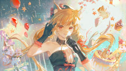 animal_ear_fluff animal_ears balloon bare_shoulders beret black_collar black_corset black_dress black_gloves black_hat blonde_hair blue_bow bow breasts buttons cake cangchen cat_ears character_request chinese_commentary cleavage collar collarbone commentary_request commission copyright_request corset cupcake detached_collar dress eyelashes floating_hair flower food frilled_gloves frills gloves hair_ornament hairclip halter_dress halterneck hamster hand_in_own_hair hat hat_bow hat_flower highres holding holding_microphone large_breasts light_particles long_hair looking_at_viewer low_twintails microphone open_mouth paper petals pie pie_slice pink_flower red_bow red_eyes red_pupils sample_watermark smile stage striped_bow teeth twintails upper_teeth_only very_long_hair watermark white_flower x_hair_ornament
