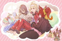 Rule 34 | 3girls, 4girls, :d, ahoge, animal ears, anthuria, barefoot, black hair, blonde hair, blue eyes, blush stickers, brown eyes, candy, chloe (granblue fantasy), closed eyes, commentary, commentary request, couch, cup, dark-skinned female, dark skin, elsam (granblue fantasy), erune, feet, food, granblue fantasy, hairband, half mask, indoors, jacket, jeanne d&#039;arc (granblue fantasy), lollipop, long hair, lowain (granblue fantasy), mask, multicolored hair, multiple girls, official art, open mouth, ponytail, purple hair, red eyes, red hair, rosamia (granblue fantasy), short hair, smile, speech bubble, sweater, thought bubble, toes, tomoi (granblue fantasy), track jacket, track suit, two-tone hair, white hair