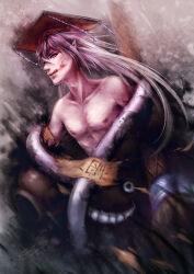 Rule 34 | 1991 (blz), 1boy, chinese clothes, chinese commentary, closed mouth, commentary request, evil snake lord, grey hair, guan hat, hat, highres, long hair, male focus, mian guan, nipples, paintbrush, personification, pointy ears, ragnarok online, red eyes, red hat, smile, solo, topless male, upper body