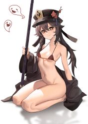 1girl absurdres bare_shoulders bra breasts brown_hair flower flower-shaped_pupils full_body genshin_impact ghost hair_between_eyes hat hat_flower hat_tassel highres holding holding_polearm holding_weapon hu_tao_(genshin_impact) long_hair looking_at_viewer navel partially_undressed plum_blossoms polearm porkpie_hat red_bra red_eyes seiza sitting small_breasts smile solo symbol-shaped_pupils twintails underwear weapon white_background zhushu3