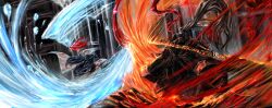 2boys absurdres black_hanfu chinese_clothes faceless fighting hair_flowing_over hair_ornament hairpin hanfu hen_na highres holding holding_weapon hong_lu_(project_moon) incoming_attack jia_qiu_(project_moon) land_of_illusion_(e.g.o) limbus_company long_hair long_sleeves male_focus motion_lines multiple_boys project_moon very_long_hair weapon