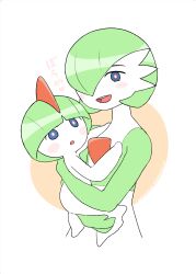 1girl 1other :o absurdres alternate_eye_color artist_name baby_carry blue_eyes blunt_bangs blush blush_stickers bob_cut bright_pupils carrying carrying_person child colored_skin cropped_torso dated flat_chest flat_color gardevoir gen_3_pokemon green_hair green_skin hair_over_one_eye hand_on_another&#039;s_chest hand_on_another&#039;s_shoulder happy heart highres japanese_text looking_at_viewer looking_back multicolored_skin nintendo o_den one_eye_covered open_mouth pokemon pokemon_(creature) ralts short_hair signature smile standing teeth translation_request two-tone_skin upper_body white_pupils white_skin