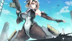 1girl absurdres aircraft airplane armor blonde_hair blue_eyes bodysuit breasts building city covered_navel elbow_gloves fingerless_gloves giant giantess gloves gun headgear helicopter highres holding holding_gun holding_weapon impossible_bodysuit impossible_clothes large_breasts leotard mecha_musume military military_vehicle original pantyhose rifle sherman_(egnk2525) short_hair skin_tight sky solo thick_thighs thighs weapon