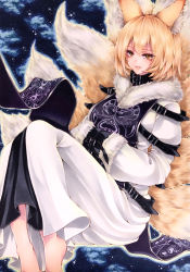 Rule 34 | 1girl, alternate costume, animal ear fluff, animal ears, barefoot, belt, black belt, blonde hair, breasts, buckle, closed mouth, dress, eyelashes, fluffy, fox ears, fox tail, fur trim, hands in opposite sleeves, unworn headwear, highres, koumajou densetsu, koumajou densetsu 2, large breasts, long sleeves, looking at viewer, marker (medium), mktr (princess mktr), multiple tails, no headwear, nose, short hair, silver trim, smirk, solo, straitjacket, tabard, tail, touhou, traditional media, white sleeves, wide sleeves, yakumo ran, yellow eyes