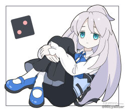 1girl :&lt; artist_name black_skirt blue_eyes blue_shoes blue_vest closed_mouth collared_shirt commentary_request cosplay crossed_legs deux_murasame dice employee_uniform english_text full_body gochuumon_wa_usagi_desu_ka? grey_hair gundam gundam_gquuuuuux hugging_own_legs kafuu_chino kafuu_chino_(cosplay) knees_up long_hair long_sleeves mitya pale_skin pantyhose puffy_long_sleeves puffy_sleeves rabbit_house_uniform shirt shoes skirt sleeves_past_wrists solo twitter_username very_long_hair vest watermark white_background white_pantyhose white_shirt