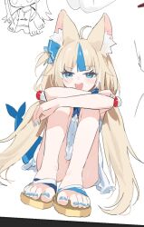 Rule 34 | 1girl, animal ear fluff, animal ears, blonde hair, blue hair, fins, fish tail, highres, indie virtual youtuber, measho, multicolored hair, nail polish, sameko saba, sandals, streaked hair, tail, toenail polish, toenails, toes