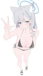 1girl absurdres alternate_costume animal_ear_fluff animal_ears arm_behind_back bare_arms bare_legs bare_shoulders bikini black_bikini black_sandals blue_archive breasts cleavage extra_ears grey_hair hair_behind_eyewear highres large_breasts long_hair looking_at_viewer navel rable sandals shiroko_(blue_archive) solo swimsuit w wolf_ears wolf_girl